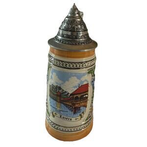 Vintage German Gerz Luzern Pewter Lidded Hand Painted Beer Stein ~6.5 x 2.5”